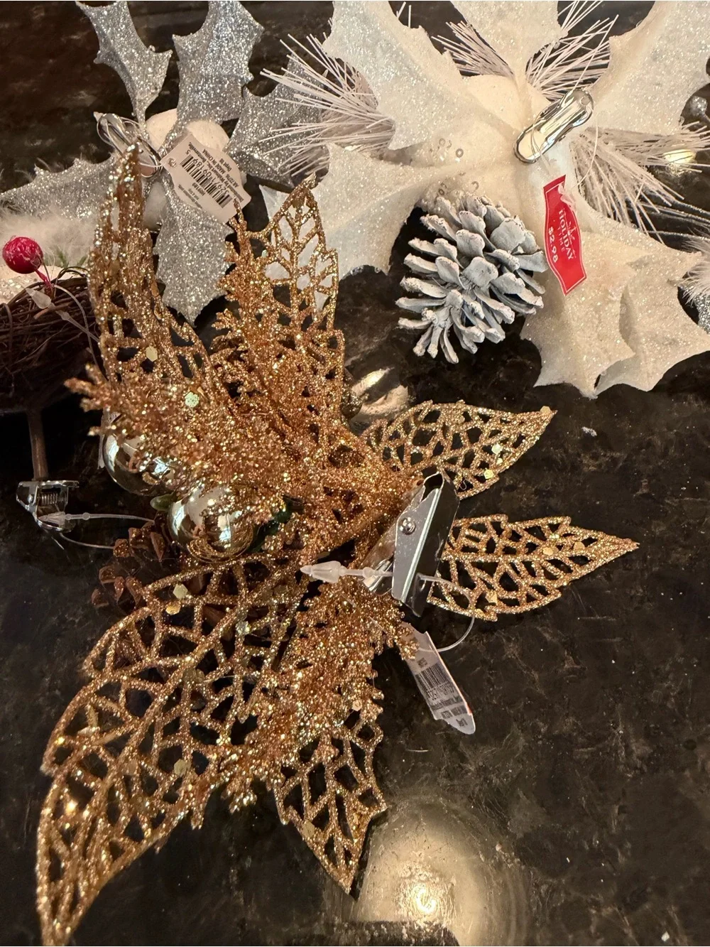 Festive Gold Pinecone & Bird Holiday Ornament Set and holiday bags and decor box